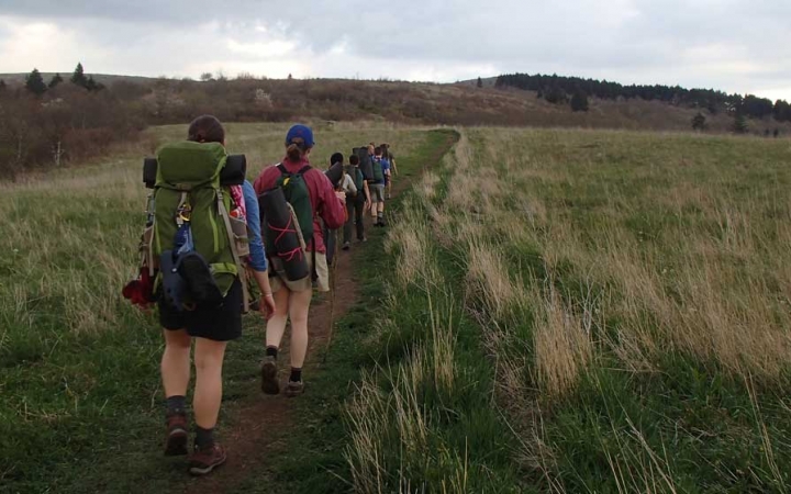 A group of people wearing backpacks hike away from the camera, along a trail through a grassy meadow.